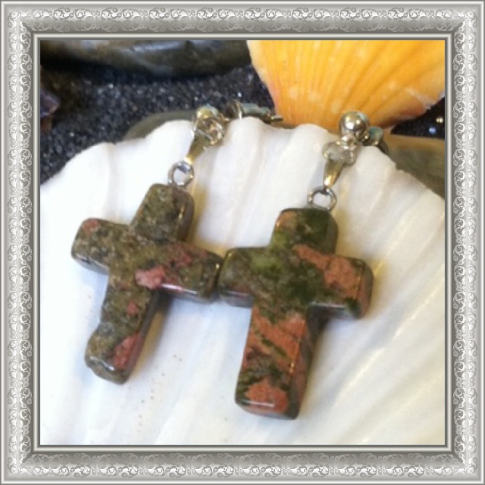 Unakite Cross Earrings Stainless Steel Posts - Picture 3 of 7